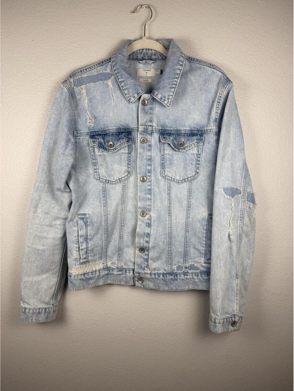 Topman Classic Distressed Denim Jacket Medium Light Wash Trucker Jean Jacket